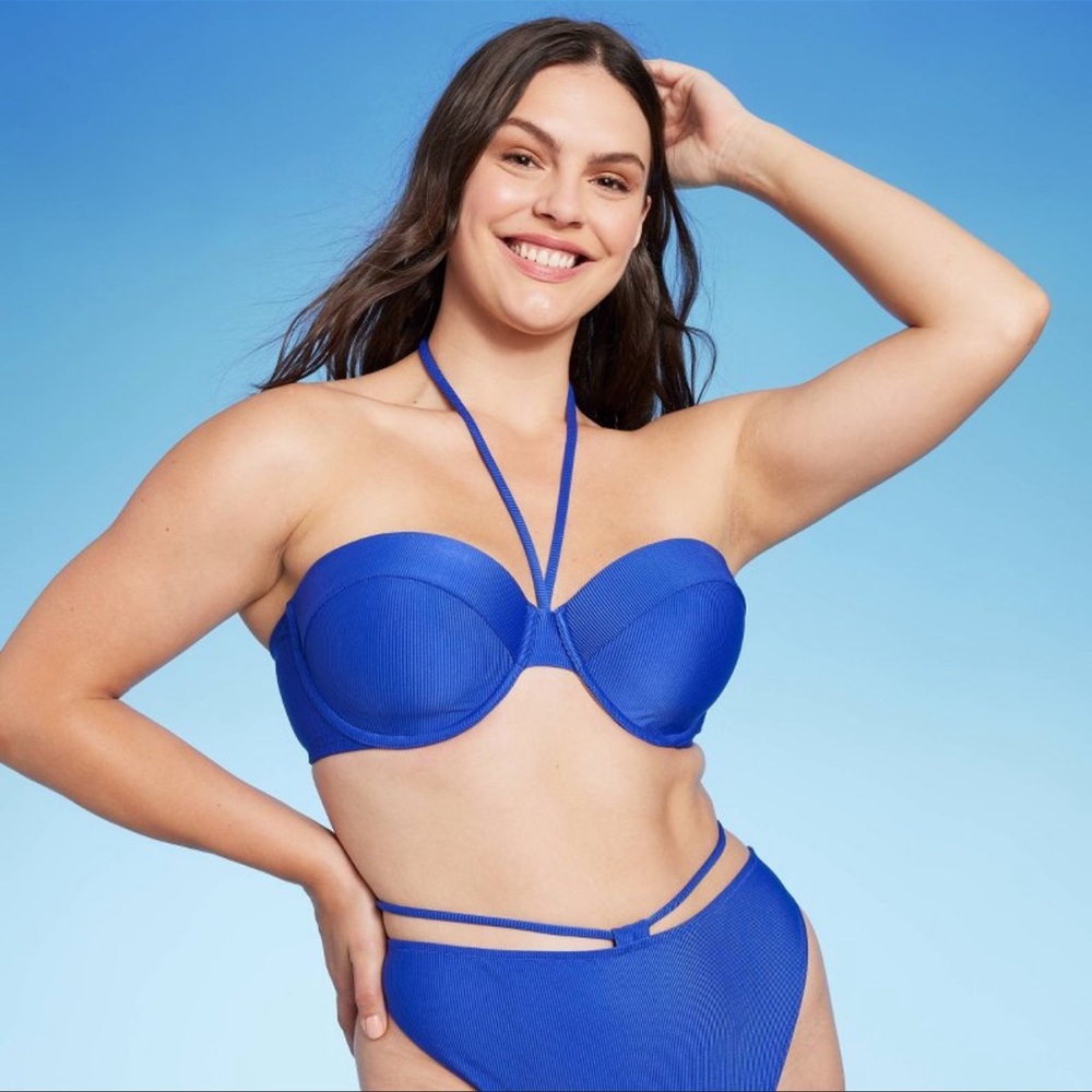 2/$20   Shade & Shore Women's Lightly Lined Ribbed Halter Bikini
Top - Blue NWOT